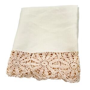 Table Runner Beige Dresser Scarf Crocheted Edge Pinwheel Cutout 63x19 Vintage